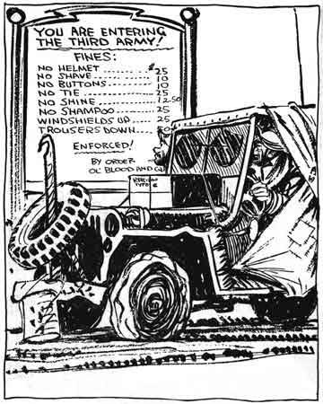 Bill Mauldin's Willie and Joe in a jeep at the boarder of 3rd and 7th Army  reading a sign listing all of the fines.