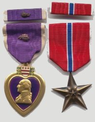 Purple Heart and Bronze Star medals and ribbons.