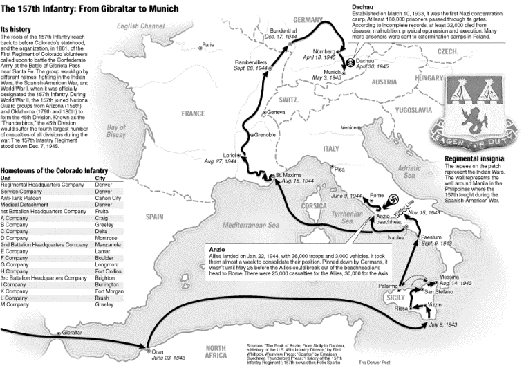 Map of the path of the 157th Infantry Regiment through Europe